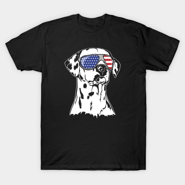 Proud Dalmatian American Flag sunglasses dog T-Shirt by wilsigns